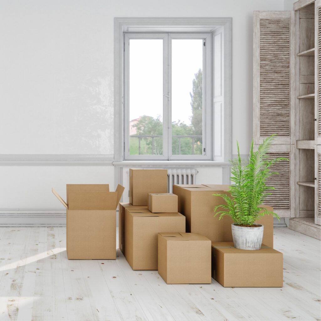 Boxes ready to be moved out of the home before cleaning starts.